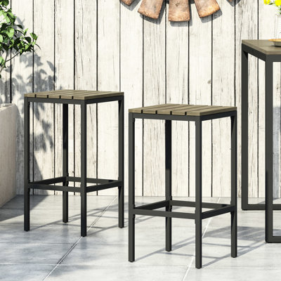 Modern Outdoor Bar Stools, 2. Wood Tops With Gray Finish And Black Metal Frames. Slatted Design For Style. 15.88"X15.88"X30.52 Stylish Of 2. Gray Finish. Frame Seat. 15.88"W X 15.88"D 30.52"H