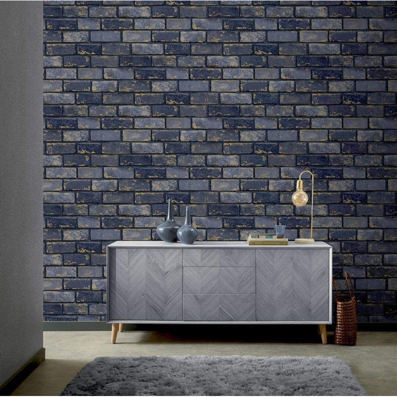 Buchholz 10.05m x 53cm Metallic Finish Wallpaper Roll, Navy/Gold