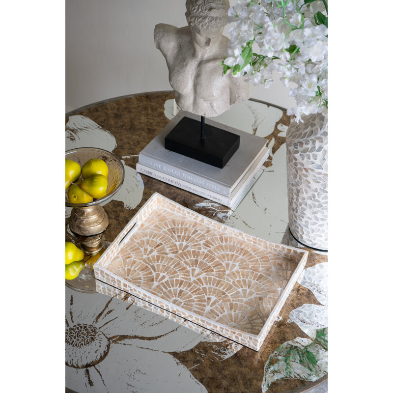 Plateau décoratif 18 x 12 x 2 po avec motif floral Capiz doré