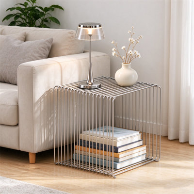 Table de bout moderne, table d'appoint carrée en fer forgé, argent.