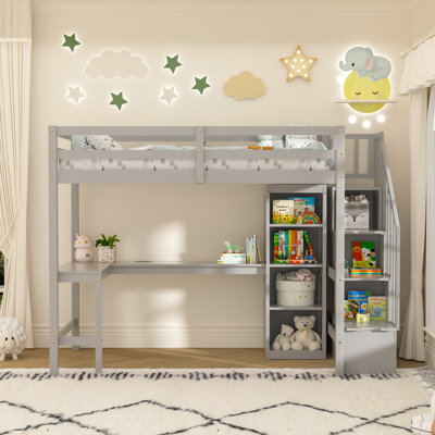 Twin Loft Bed With L-shaped Desk & Led Lights & Charging Station, Solid Wood Loft Bed Frame With Storage And Stairs For Kids, White