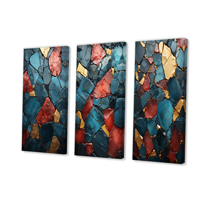 «Blue and Red Marble Elegance I», ensemble de 3 impressions sur toile marbrées abstraites, Toile tendue, H 32 po x l 48 po