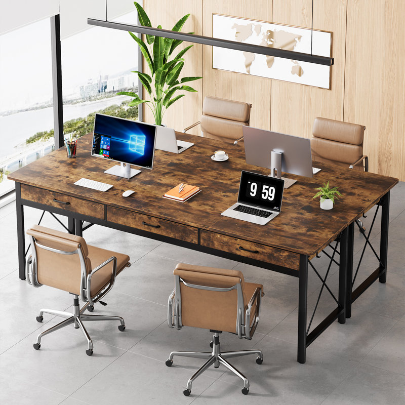Tayesha 78.74'' W Double Computer Desk, Two Person Desk with 3 Drawers & 4 Hooks, Brown