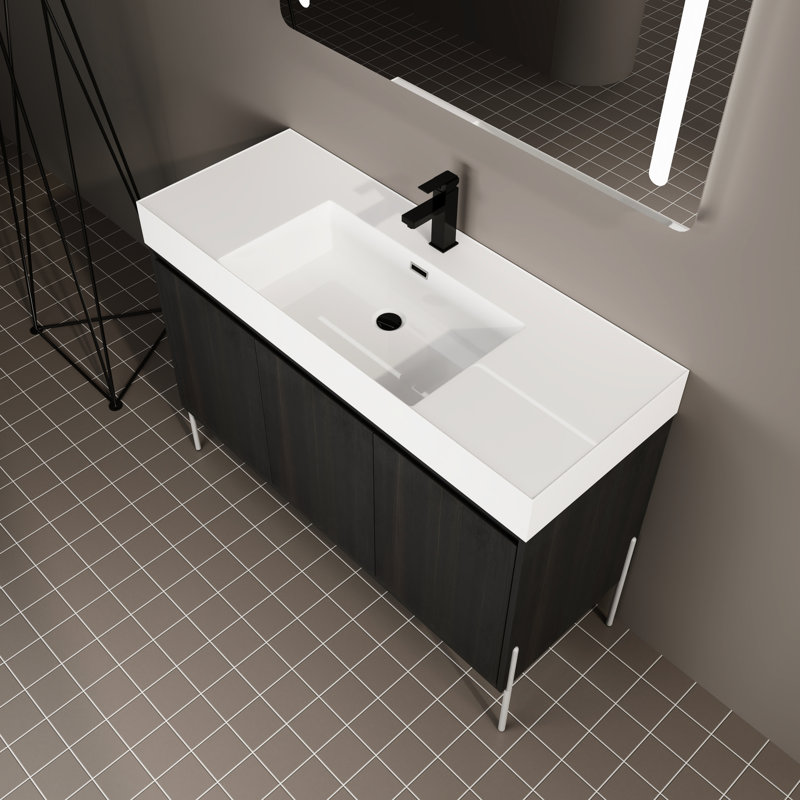 Meuble-lavabo moderne 48 po avec lavabo en résine et rangement efficace - chêne foncé