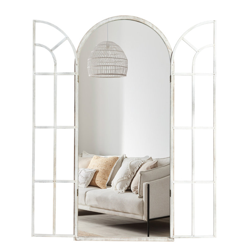 71"×31" Arch Wood Full Length Wall Mirror with Window Pane Frame, Weathered White