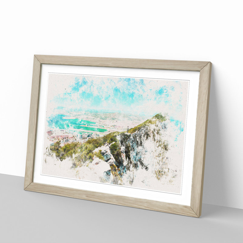 Rock of Gibraltar Skyline Watercolour - Picture Frame Graphic Art Print, 36cm H x 48cm W x 2cm D, Oak Framed