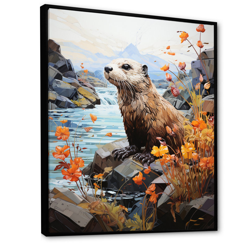 Loutre brune ludique rivière Dweller - imprimé, Cadre flottant noir, H 20 po x l 12 po x P 1 po