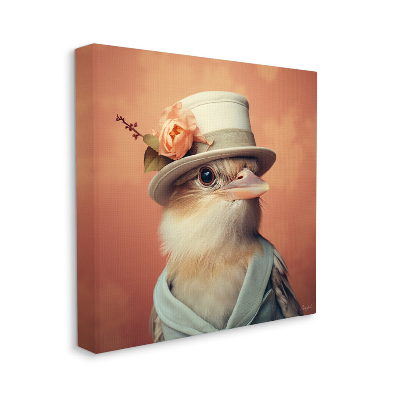 Oiseau au chapeau rétro sur toile par Roozbeh, H 17 po x l 17 po x P 1,5 po