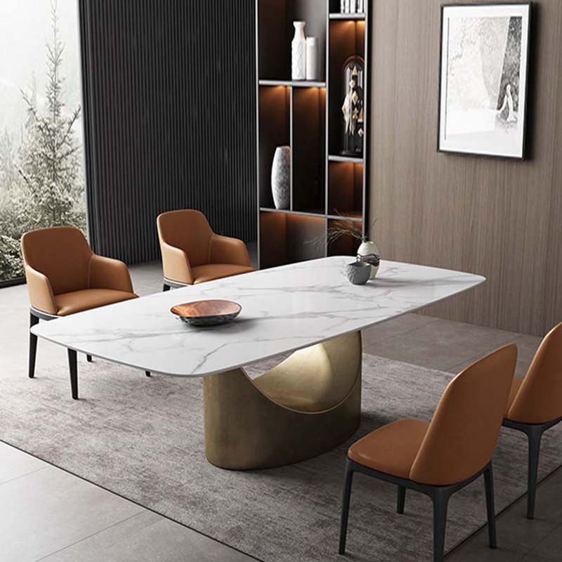  Modern Dining Table with Rectangular Sintered Stone Tabletop, Carbon Steel Leg, White,  35.43" D x 62.99" L