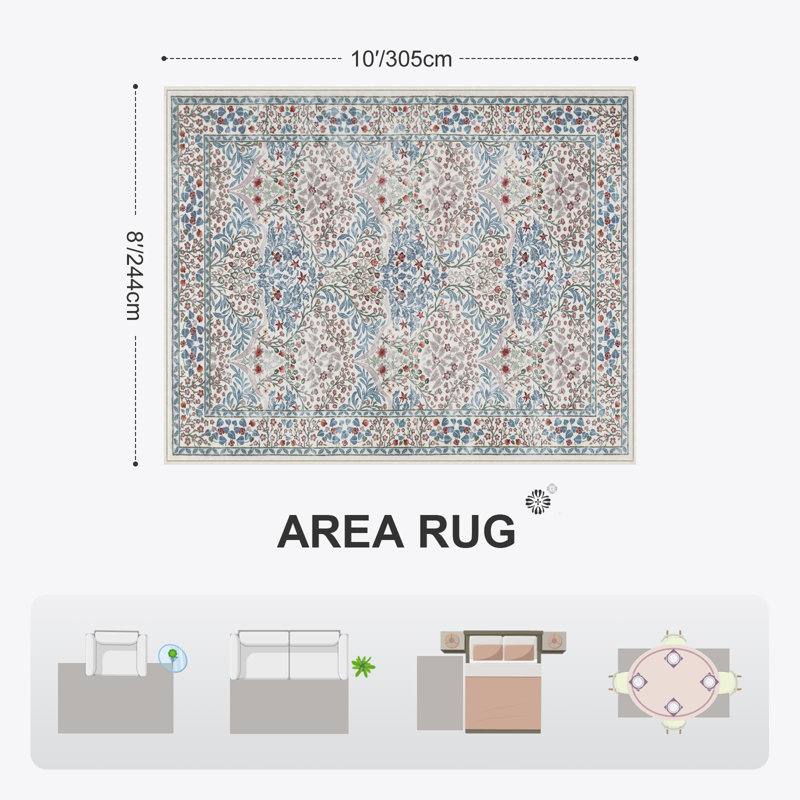 Vintage Floral Washable Non Slip Beige Indoor Area Rugs for Living Room Bedroom, Boho Forest Carpet Rug for Entryway