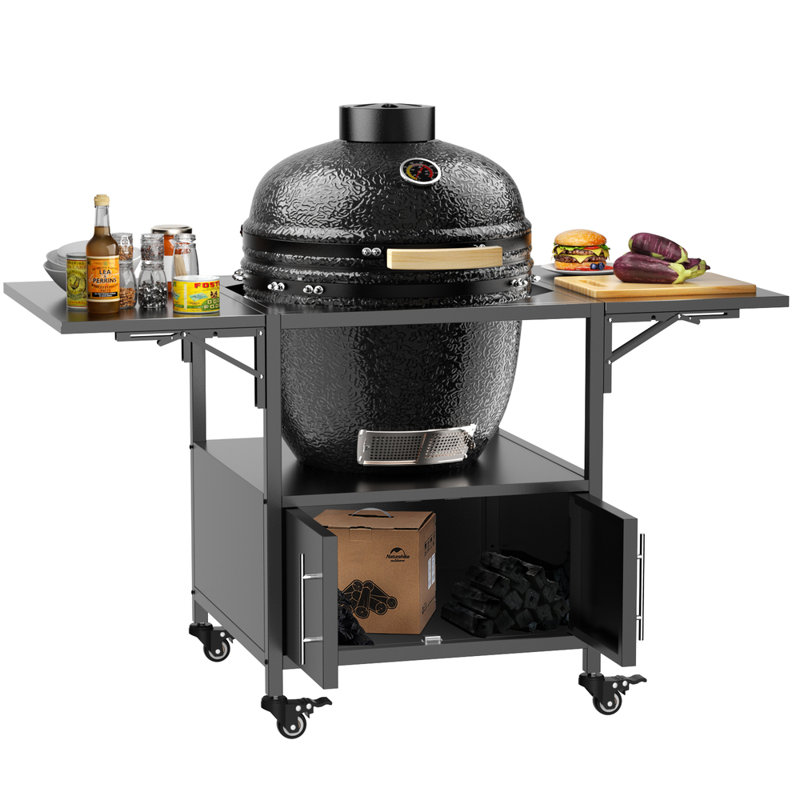 Table de barbecue d'extérieur pour barbecue Big Green Egg, 2 panneaux pliables Conception de rangement en métal