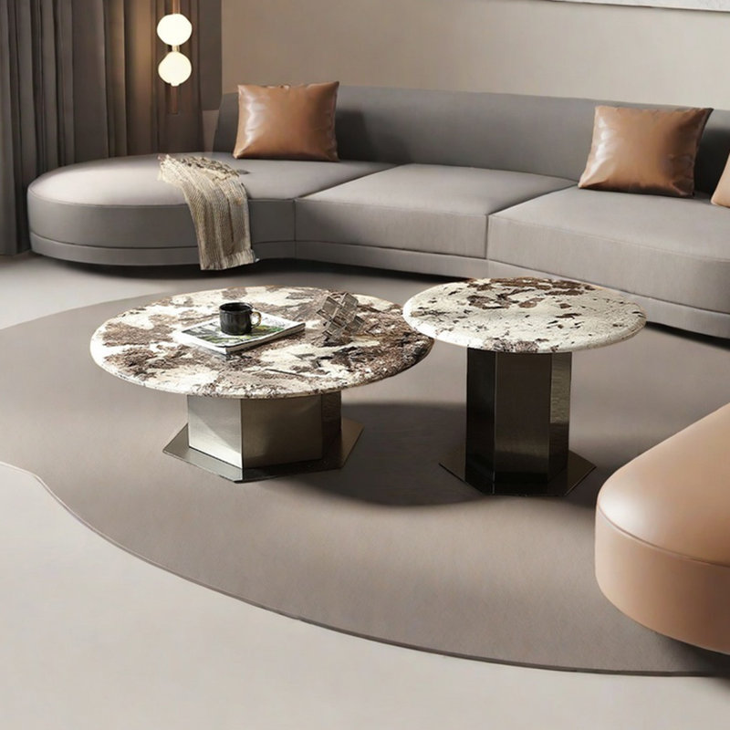 Table basse ronde en marbre clair, H 12,6 po x L 31,5 po x l 31,5 po
