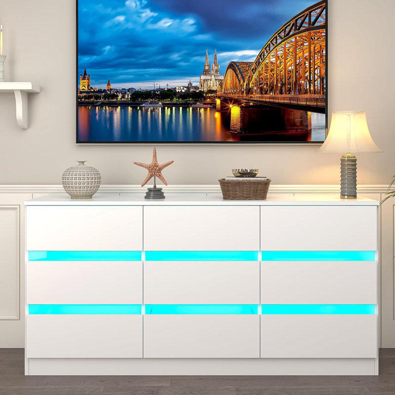 White Modern 9-Drawer Dresser with LED Lights