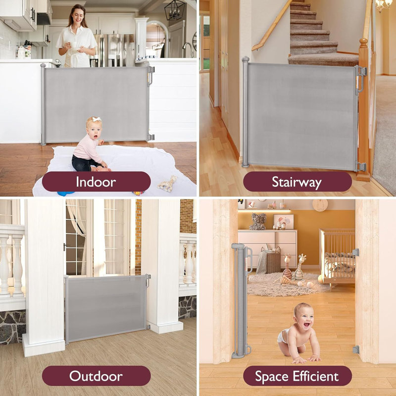 Barrière de sécurité rétractable pour bébé et animal de compagnie - Barrière en filet large et réglable, Gris, 71"
