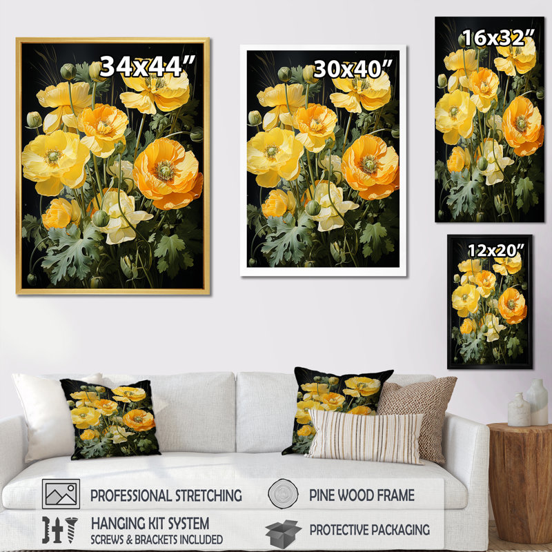 «Yellow Buttercups Realistic Radiance II» sur toile, Cadre flottant blanc, H 44 po x l 34 po