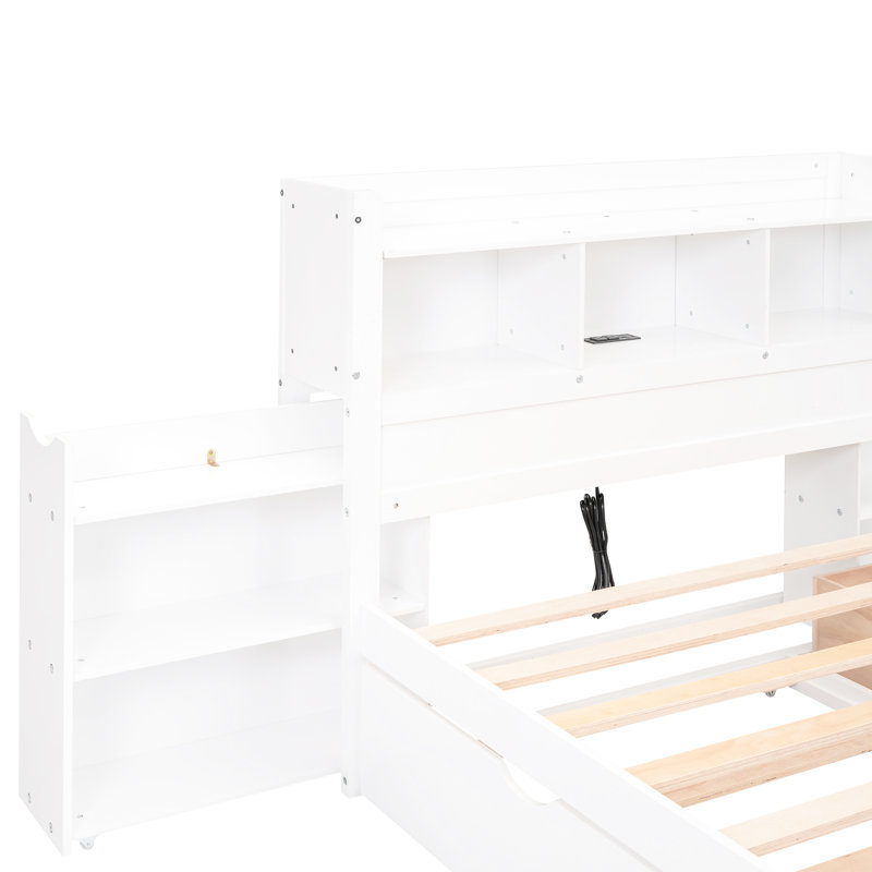 Lit plateforme double avec 2 tiroirs, lit gigogne simple, tablettes coulissantes, bois, sans sommier, tiroirs de chambre blancs et fabrication en bois massif