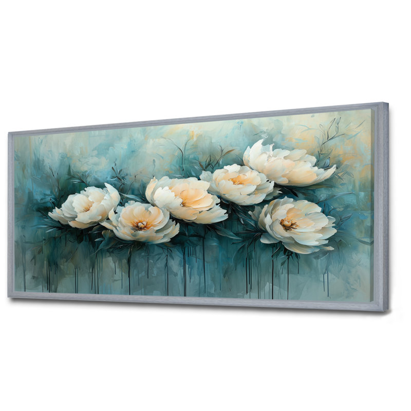 «Winter Blue Watercolor Peony Elegance III», reproduction d'art sur toile encadrée, 28" H x 60" W, Encadrement argenté
