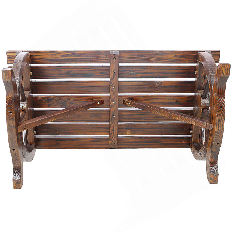 Banc d'extérieur en bois rustique avec pieds de roue de chariot, banc de jardin pour 2 personnes