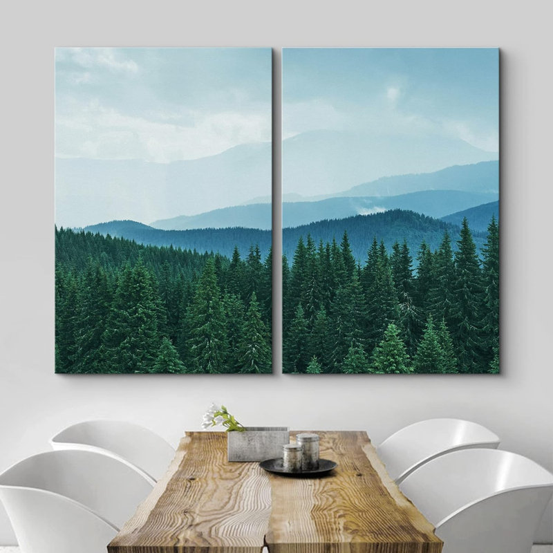 "Blue Mountain Range Green Forest Trees", impression de paysage sur toile, 2 pièces, Toile tendue