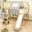 Lit mezzanine en bois avec glissoire, tablettes de rangement et cadre en forme de maison avec tente-194054169-194054174