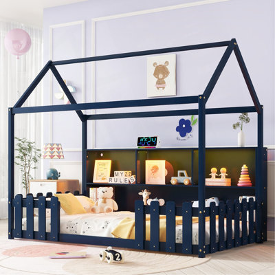 Twin Size House Bed With LED Light, Wood House Bed With Storage Bookshelf, Floor House Bed With Guardrails For Kids