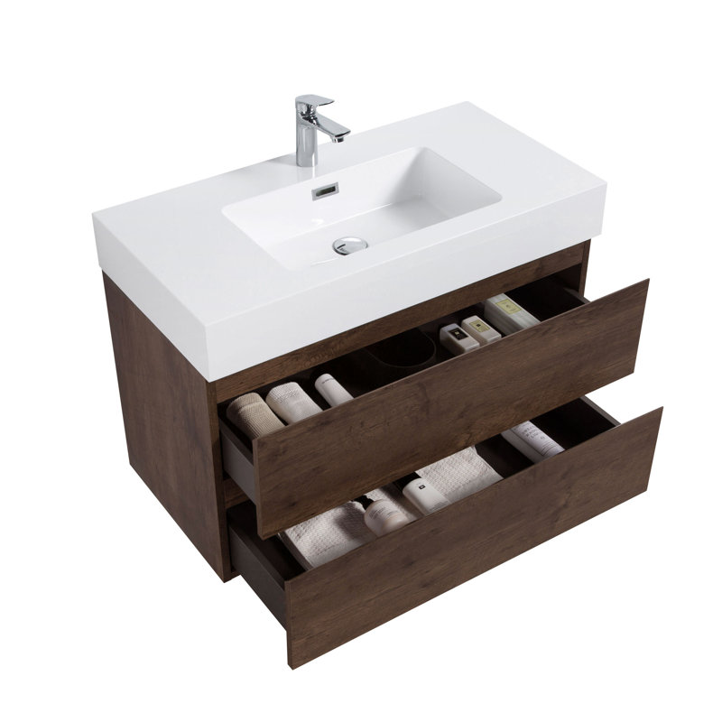 Meuble-lavabo simple 36 po avec surface solide et trop-plein, 36 po, pré-assemblé, Noyer, 36", Blanc