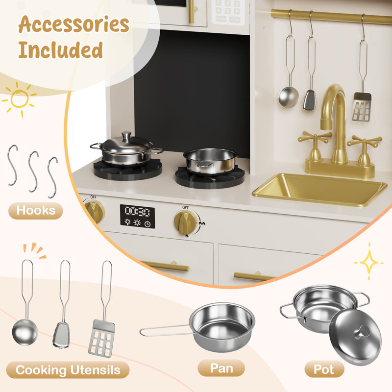 Kids Play Kitchen, Wooden Pretend Toy Kitchen, Toodler Cooking Playset, Stove W/light & Sound, Sink, Microwave, 2 Fabric Boxs, Dishwasher