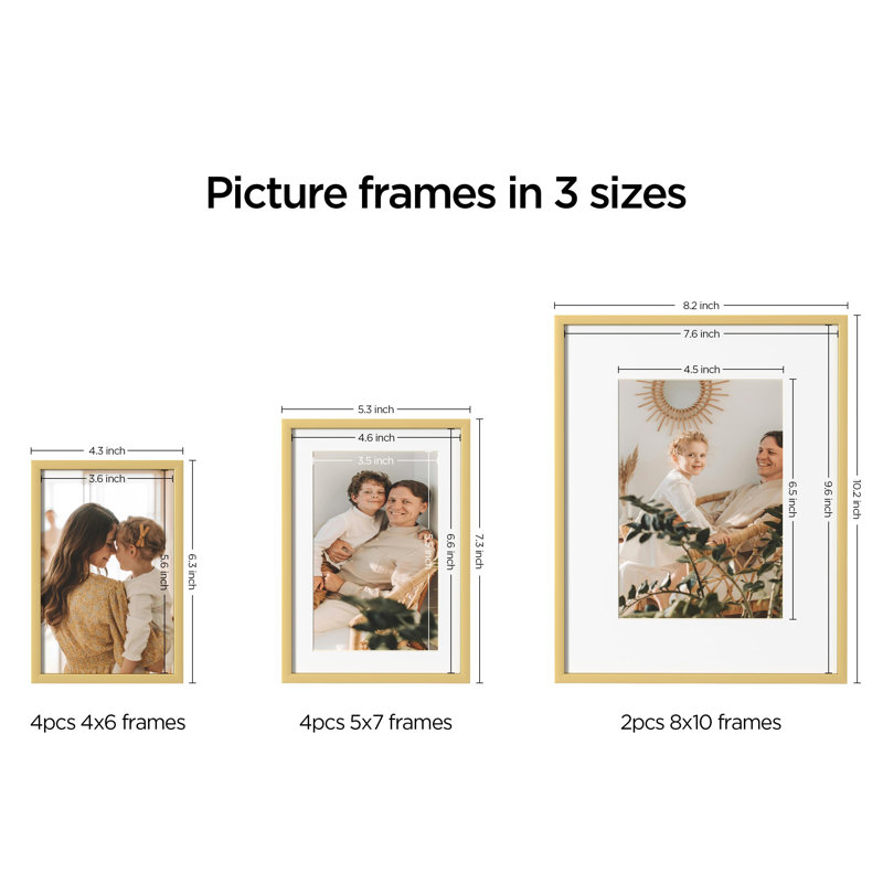 Aluminum Gallery Wall Frame Set Of 10, Including 2Pcs 8X10, 4Pcs 5X7, 4Pcs 4X6 Photo Frames For Wall Or Tabletop Display, Multiple Sizes Picture Frames Collage Wall Decor, Gold