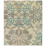 Brocade Floral Area Rug in Green/Gray/White