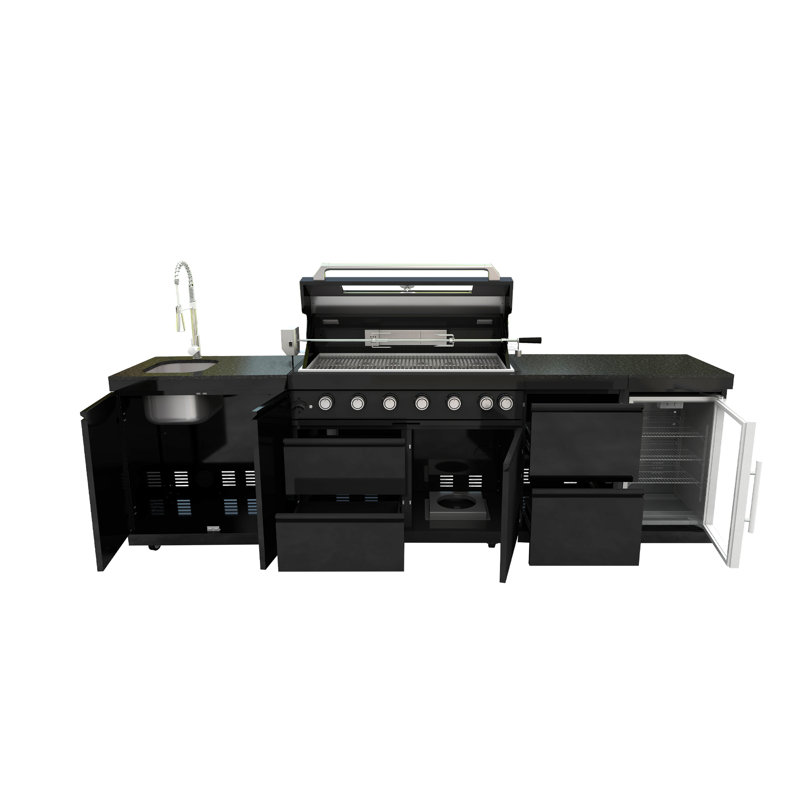 Îlot de cuisine extérieure modulaire de 115 pouces avec barbecue à gaz 6 brûleurs de 85 000 BTU, comptoir en granit noir, évier, réfrigérateur extérieur et ensemble de rôtisserie.