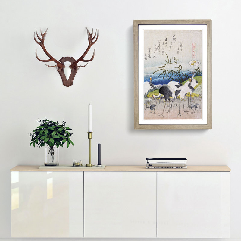 Group of Storks by Katsushika Hokusai - Picture Frame Painting Print, 65cm H x 48cm W x 2cm D, Oak Framed
