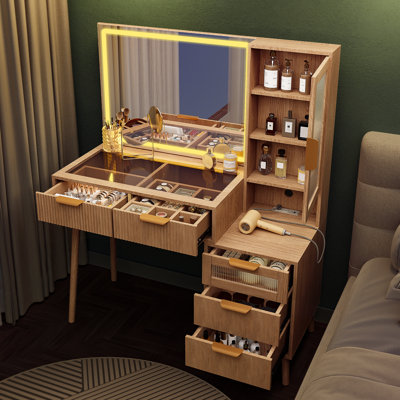 45" Fluted Makeup Vanity Desk With Mirror And Lights, 5 Drawers Glass Top Makeup Vanity With 4 Storage And 9-grid Organizer