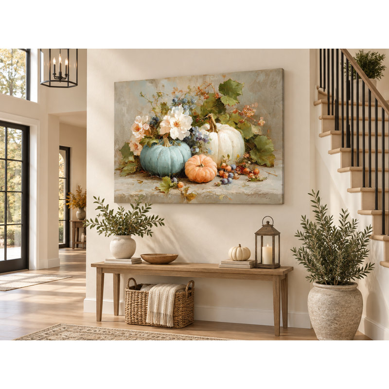 Automne citrouilles et fleurs sur toile tendue, H 36 po x l 48 po