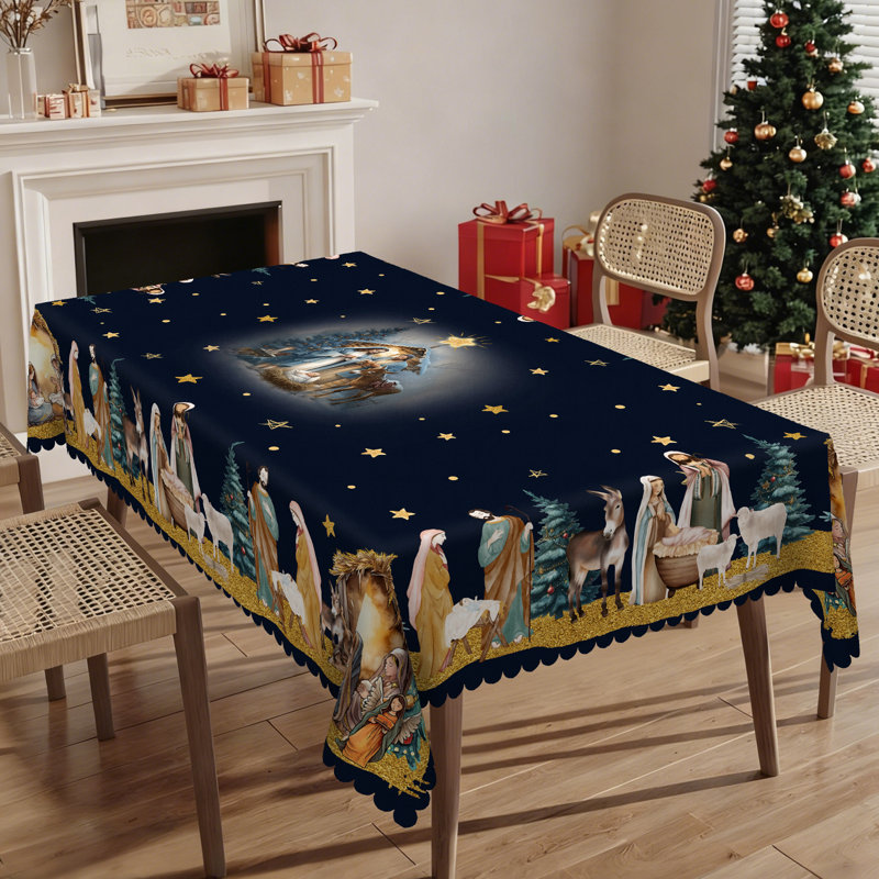 Machine-washable polyester tablecloth featuring a Nativity scene design, perfect for Christmas decorations.