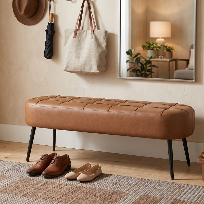 Banc de hall d'entrée en similicuir 43,7 po Mid-Century, Brown
