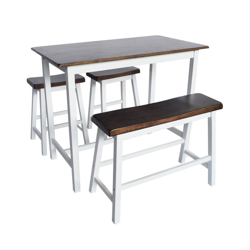 Ensemble de salle à manger en bois massif 4 pièces Kerley, Brun, Blanc