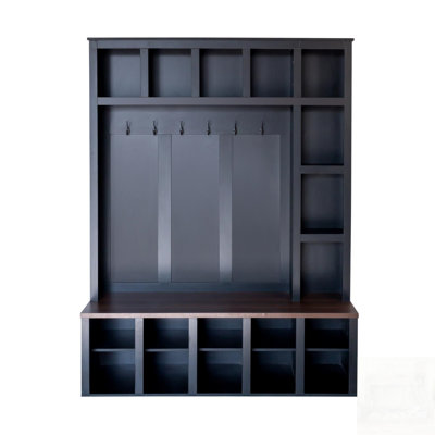 Farmhouse Wooden Hall Tree With 6 Hooks, Adjustable Shelves, And Storage Bench For Entryway Organization