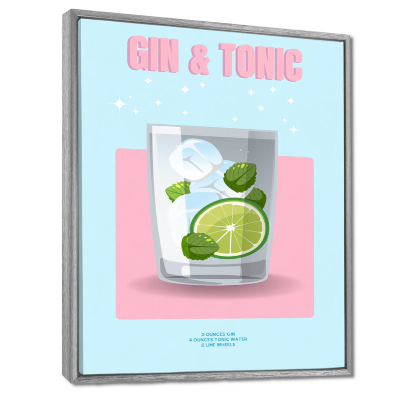 Gin & Tonic In A Rocks Glass I - Décoration murale cocktails, Cadre flottant argent, H 32 po x l 16 po