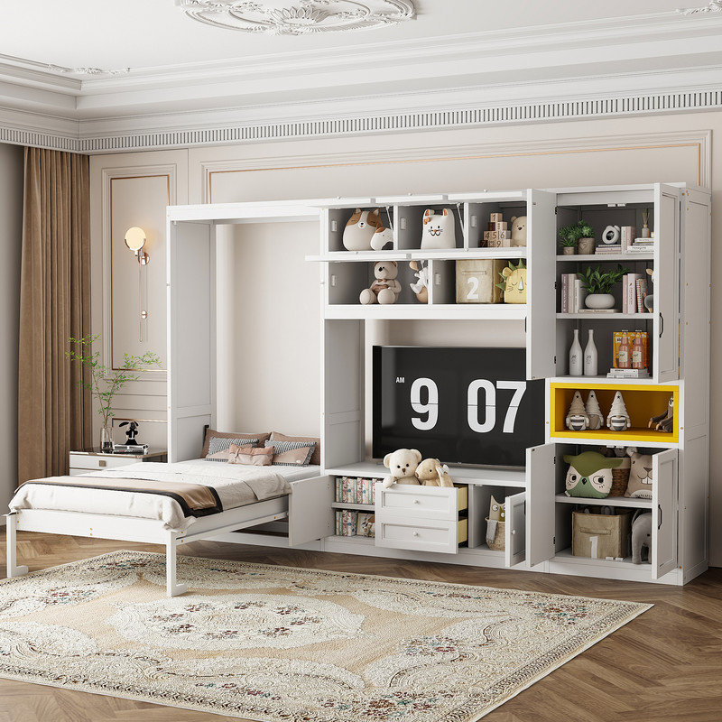 Lit escamotable simple avec tiroir de rangement et armoires, Blanc