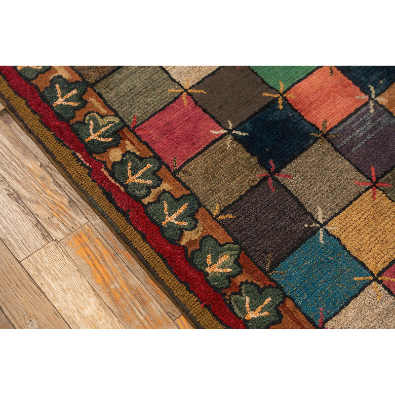 1880s Antique Multicolor Folk Art Checkerboard "X" Motif American Hooked Rug