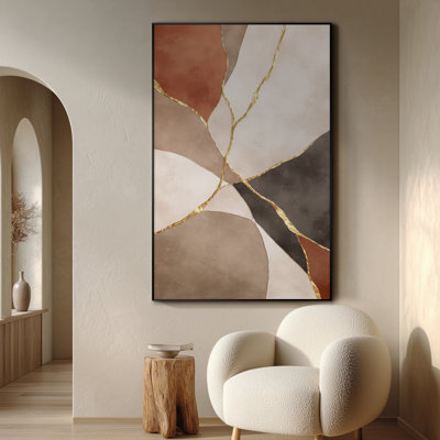 Geometric Gold Line Neutral Abstract Wall Art for Living Room or Bedroom - "Frame Assembly Required (Unfinished Frame)"