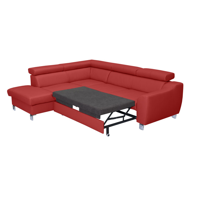 Aribel Faux Leather Corner Sofa with Sleeping Function and Storage Box with Adjustable Headrests , Red, Left Hand Facing