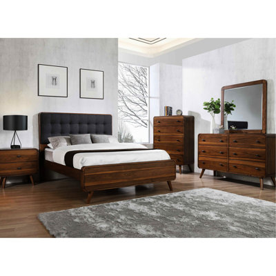 Très grand lit avec placage en noyer foncé, tiroirs intégrés et style Mid-Century pour une allure moderne et épurée, forme polyvalente, solution de rangement