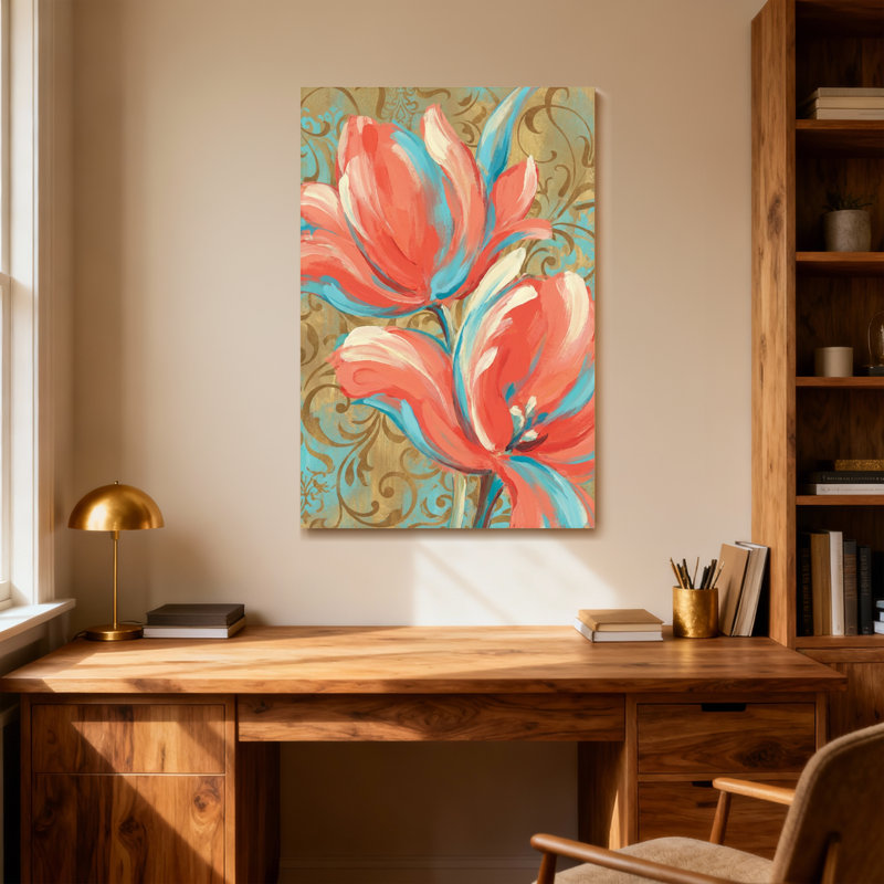 Motif de tulipes à fleurs et plantes sur fond tourbillonnant, H 48 po x l 32 po