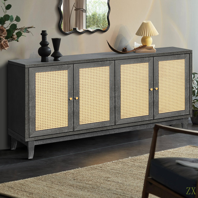 Panneaux de grain de qualité supérieure fabriqués à la main, buffet Buffet avec 4 portes en rotin, armoire de rangement moderne avec tablettes réglables pour le salon
