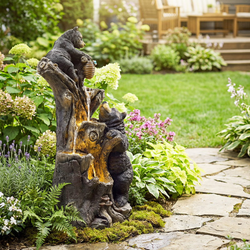 39 inch Rustic Bear Family Outdoor Fountain with LED Lights – 4-Tier Cascading Water Feature for Patio, Garden, or Cabin Décor