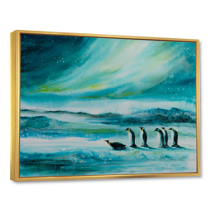 «Penguins Ice Landscape», impression sur toile encadrée, H 8 po x l 12 po x P 1,5 po, Cadre flottant doré