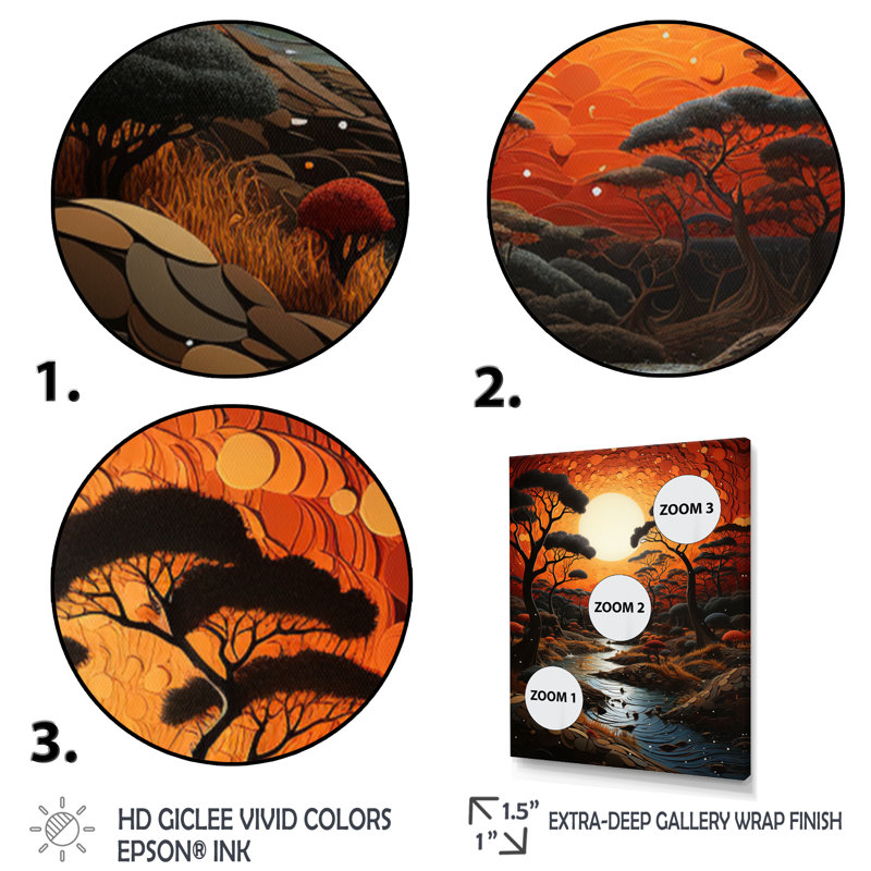 Boutons Tribal africain coucher de soleil III - impression, H 20 po x l 12 po x P 1 po, Cadre flottant noir