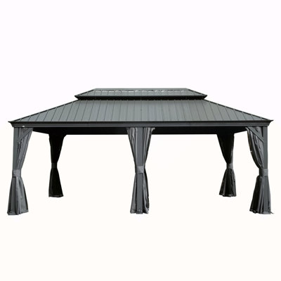 Pavillon de jardin extérieur en métal 12 pi x 18 pi avec toit double en acier galvanisé, structure en aluminium, rideaux et filet pour patio, terrasse, jardin