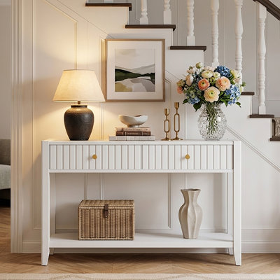 Console Modern Water Ripple avec 2 tiroirs et tablette de rangement inférieure - Canapé d'appoint étroit en bois